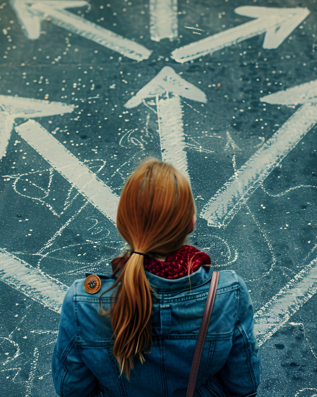 Eine Frau steht an einem Weg, auf dem mehrere Pfeile in unterschiedliche Richtungen zeigend, abgebildet sind, © Adobe Stcok Eine Frau steht an einem Weg, auf dem mehrere Pfeile in unterschiedliche Richtungen zeigend, abgebildet sind, © Adobe Stcok