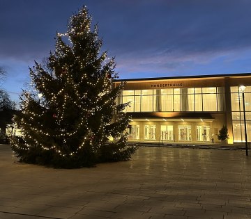 Weihnachtsbaum mit Lichterketten vor beleuchteter Konzert- und Veranstaltungshalle bei Abendd&auml;mmerung