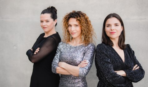 Drei Frauen mit verschr&auml;nkten Armen stehen vor einer hellen Wand, die mittlere tr&auml;gt ein glitzerndes Kleid, die anderen zwei schwarze Kleider