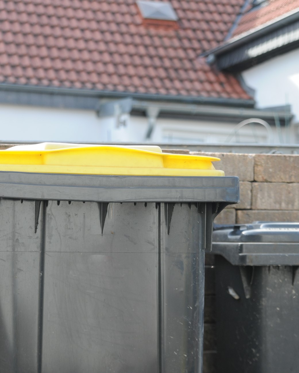 Auf dem Bild zu sehen ist eine Mauer, vor der verschiedene Mülltonnen stehen. Im Mittelpunkt des Bildes steht eine schwarze Mülltonne mit gelbem Deckel. Es handelt sich um die Gelbe Tonne für Leichtverpackungen., © fotoak80 - stock.adobe.com