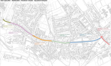 Zu sehen ist eine Zeichnung der verschiedenen Bauabschnitte der Maßnahme in der Beetstraße und Wüstener Straße