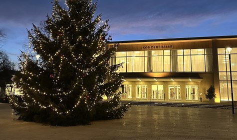 Weihnachtsbaum mit Lichterketten vor beleuchteter Konzert- und Veranstaltungshalle bei Abendd&auml;mmerung