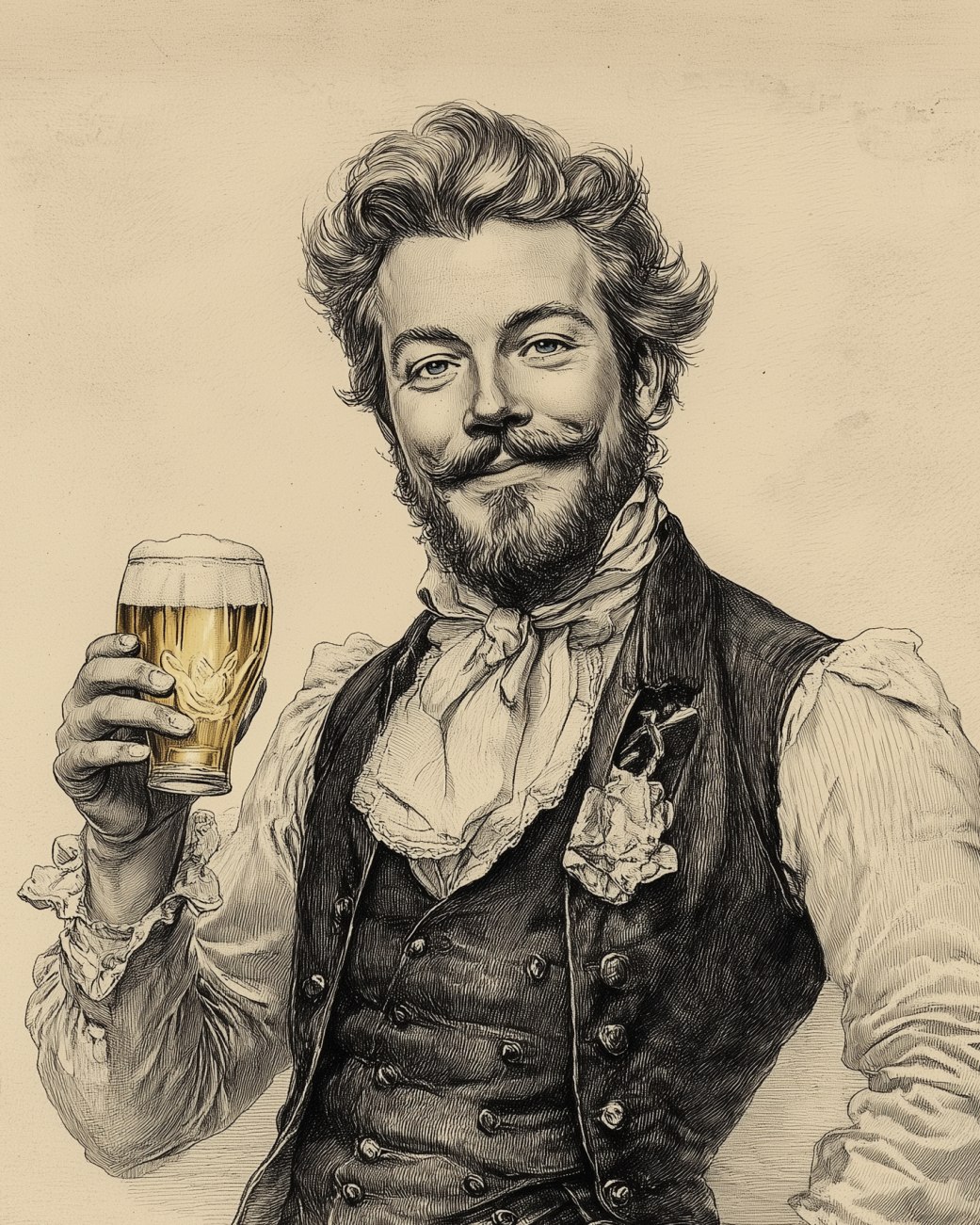 Illustration eines Herrn mit einem Glas Bier in der Hand im Stil einer Radierung aus dem 18. Jahrhundert