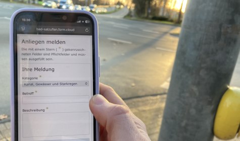 Ein Smartphone mit geöffnetem Webbrowser, die aufgerufene Seite zeigt den Anliegenmelder, © Stadt Bad Salzuflen