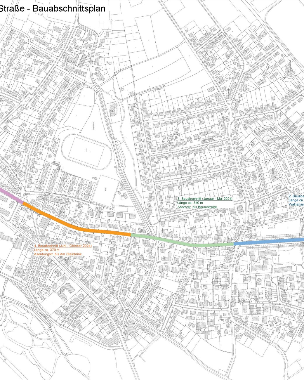 Zu sehen ist eine Zeichnung der verschiedenen Bauabschnitte der Maßnahme in der Beetstraße und Wüstener Straße